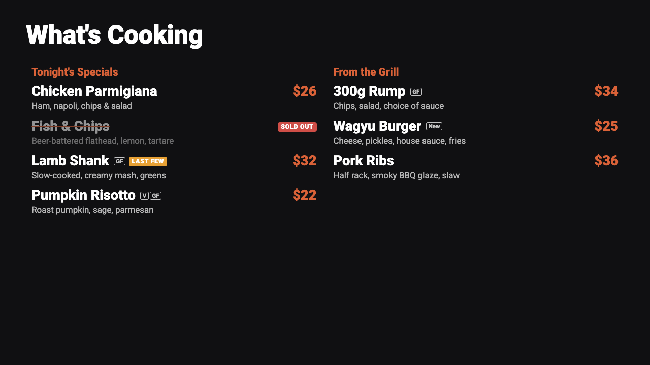 The finished menu board on screen.