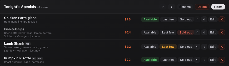 Status buttons in the dashboard.